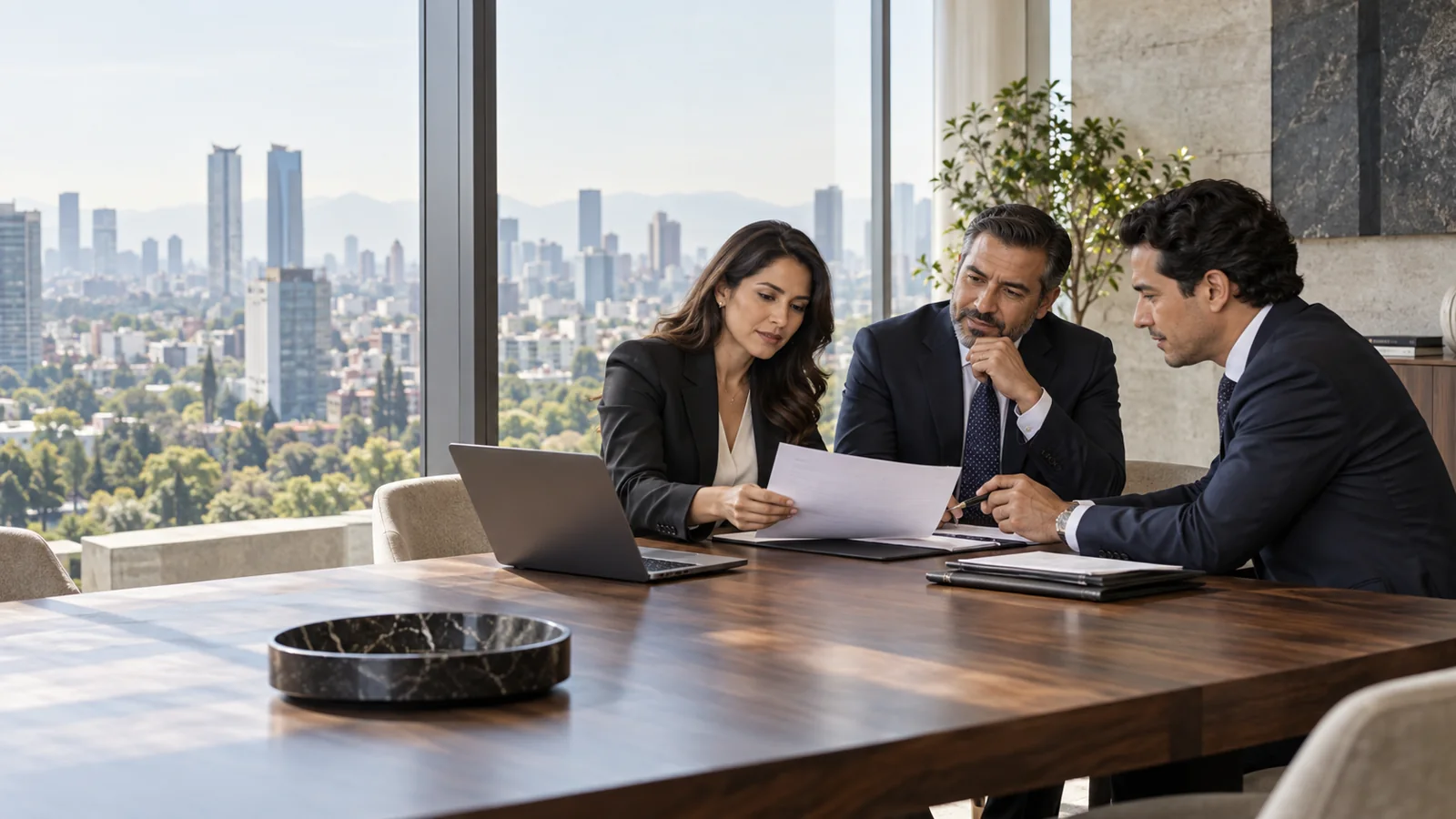 Escena ilustrativa de consultoría financiera y revisión de información empresarial